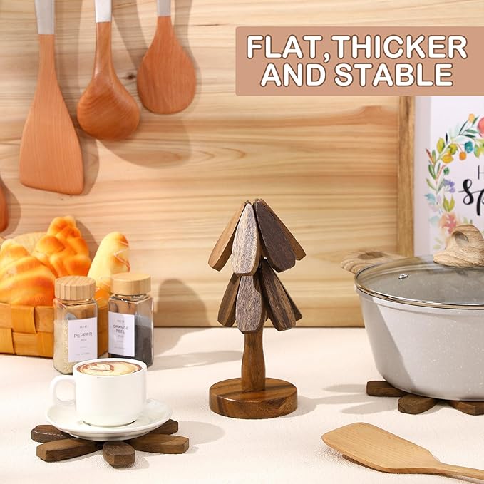 Wooden Christmas Tree Coaster Trivets Wood Trivets Set for Hot Dishes Set of 4 Christmas Tree Shape Foldable Wooden Coaster and 1 Stand Natural Trivet for Cups Plates Bowls Pots(Black Walnut Color)