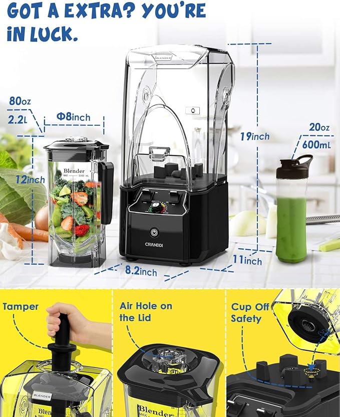 CRANDDI Commercial Quiet Blender, 2200 Watt Professional Countertop Blender with 80oz Pitcher, Built-in Pulse & 15-speeds Control, Smoothie Blender for Commercial and Home, K90 Black