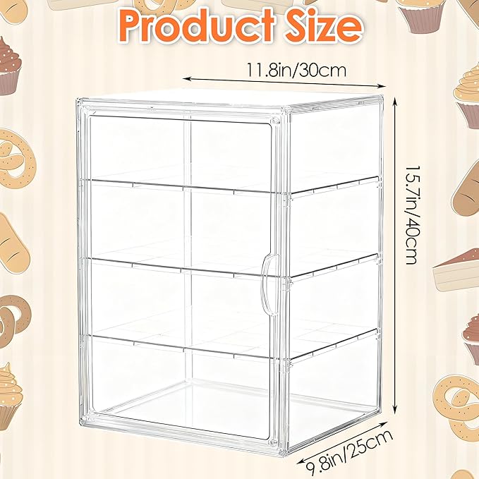 Pastry Display Case, Acrylic Bakery Display Case 3-Tier Pastry Display Cabinet with Removable Shelves and Front Door, Clear Bread Display Box for Bakery, Coffee Shop, Buffet