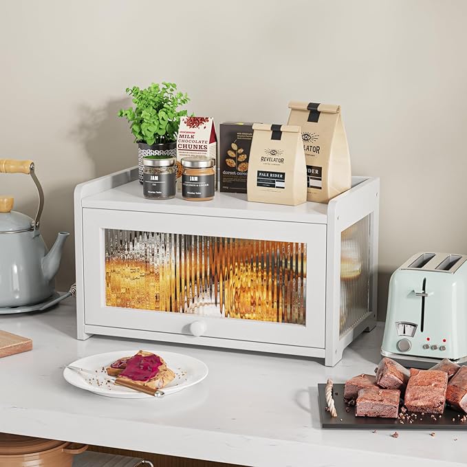 BAMBANG Bamboo Bread Box for Kitchen Counter, Large Capacity Bread Storage Container Farmhouse Bread Box with 3 Sides Wavy & Back Clear Window, Breadbox Bread Bin Holder for Homemade Bread, White
