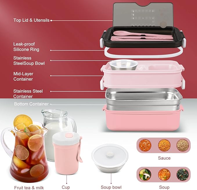 Adult Bento Lunch Box Kit, Bento Boxes Portable Lunch Box, Adult Bento Box with Lunch Bag, Bento Lunch Containers for Women, 1200ml Large Capacity Lunchbox BPA-Free(Pink Metal)