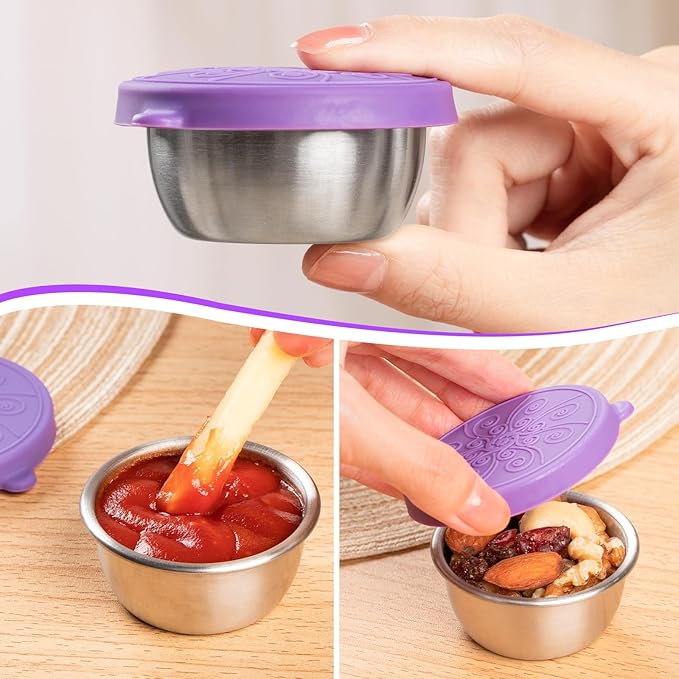 8-Pack Salad Dressing Container To Go, 2-oz Silicone Small Condiment Squeeze Bottles and 1.6 oz Stainless Steel Sauce Containers Cups, Leakproof Condiment Containers with Lids for Lunch Box