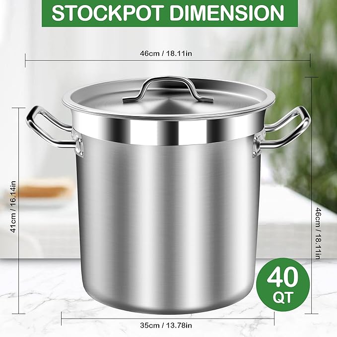 Large Stock Pot with Lid – Professional Stainless Steel Stockpot 40 Quart – Heavy Duty Cooking Pot for Catering, Soup, and Seafood Boil – Compatible with Most Cooktops