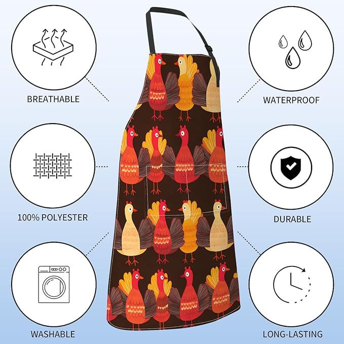 Festive Fall Apron for Women with Turkey,28x33in,Thanksgiving Chicken Kitchen Aprons with 2 Pockets,Oxford Fabric,Holiday Adjustable Apron for Cooking Baking Gardening Chef,Gifts