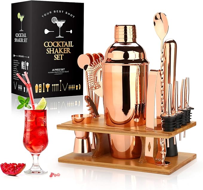 25 oz Cocktail Shaker Set 16 Pcs Mixology Bartender Kit with Stand - Professional Stainless Steel Bartending Kit - Perfect Home Bar Tool Gift Set for Drink Mixing (Rose Gold)