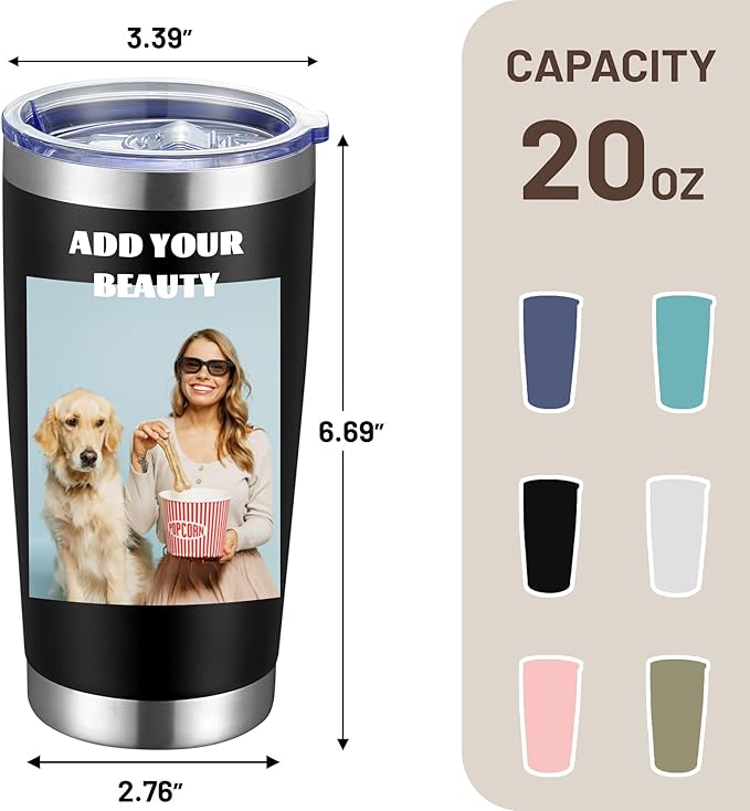 MEWAY Personalized Custom 20oz Stainless Steel Tumbler with Lid, Insulated Double Wall Vacuum Travel Coffee Tumbler Gifts with Text Photo Logo (Blue, 1pack)