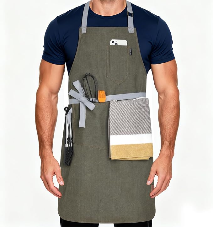 Womens Apron With Pockets Adjustable Shoulder Strap,Apron For Men 38.5" Extra-Long Straps Fit More Body Types,Chef Apron For Kitchen Garden Barbecue Woodworking