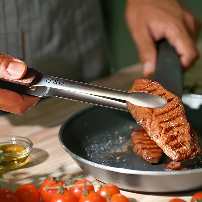 Exquisite Lightweight Cooking Tongs - 304 Stainless Steel & Walnut Wood, Comfortable Grip, Non-Slip Design, High Heat Resistant - Ideal for Light and small food, Kitchen Plating, Korean BBQ, 2 Pack