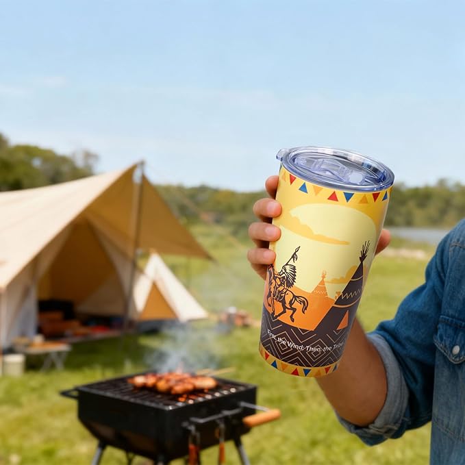 20oz Stainless Steel Double Vacuum Insulated Tumbler | Western Indian Tribe Horse Art, Leak-Proof Travel Mug Cup for Hot/Cold Drinks (5H Hot, 20H Cold)