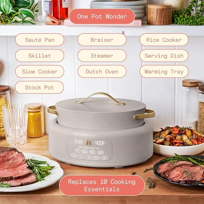 Beautiful 10-in-1 Electric Multi-Cooker, 6-Quart, Digital Display, Non-Stick Pot, One-Touch Control, 10 Cooking Functions (Porcini Taupe)