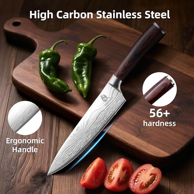 Professional Chef Knife - 8 Inch High Carbon Stainless Steel Kitchen Knife with Ergonomic Pakkawood Handle for Precise Cutting