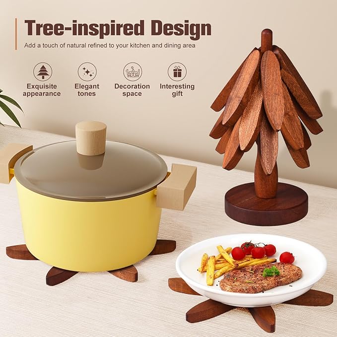 Christmas Tree Coasters - Wooden Trivets for Hot Dishes, Tree Shape Set - 5 Walnut Wood Trivets + 1 Stand (8.8 Inches)