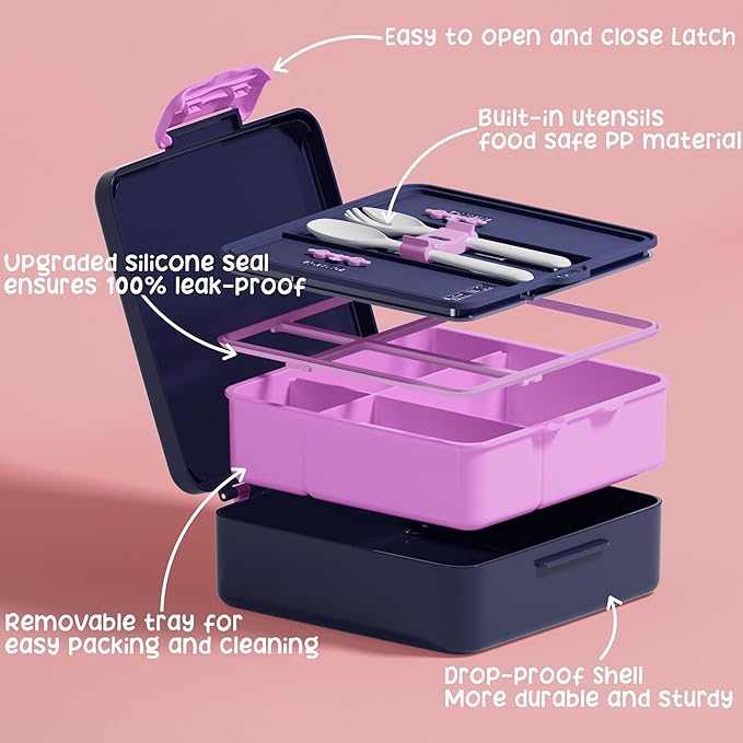 Fimibuke Bento Lunch Box for Kids, Leak Proof Toddler Bento Box with 4 Compartments BPA Free Dishwasher Safe Lunch Container with Utensils, Ideal Portion Sizes for Ages 3-12 Girls Boys for School