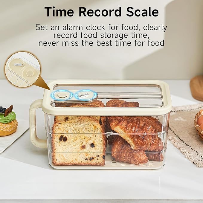 Bread Box for Kitchen Counter | Bread Storage Container with Lid - Detachable Handle & Time Recording - Desserts Keeper for Homemade Bread, Toast, Bagel, Donut and Cookies