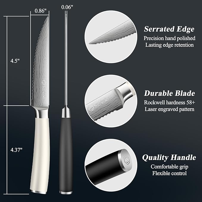 Sunnecko Steak Knives Set of 8,Premium Stainless Steel Serrated Steak Knives Set,Pakkawood Handle 4.5 Inch Kitchen Steak Knife with Gift Box(White/Black Handle)