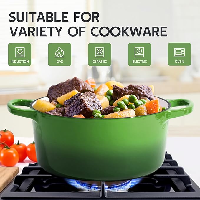 6 Quart Dutch Oven Enameled Cast Iron with Lid - Big Dual Handles - Oven Safe up to 500°F - Classic Round Pot for Versatile Cooking (Green, 6 QT)