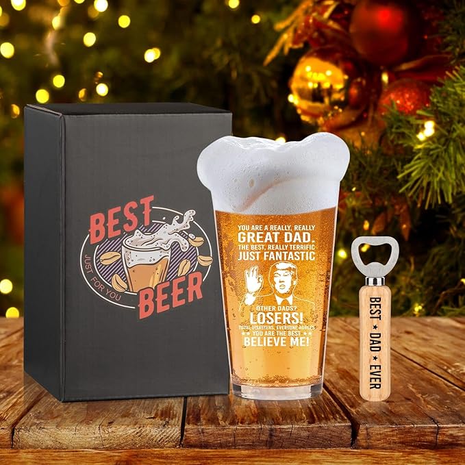 Father's Day Gifts For Dad: Funny Father's Day Beer Glass Gift Set With Wooden Bottle Opener & Greeting Card - Cool Unique Birthday Gift Idea Gifts For Dad