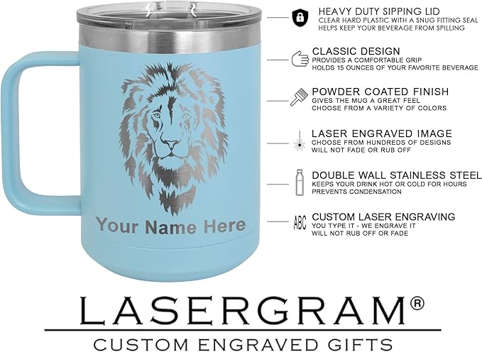 LaserGram 15oz Vacuum Insulated Coffee Mug, Tiki Statue, Personalized Engraving Included (Light Blue)