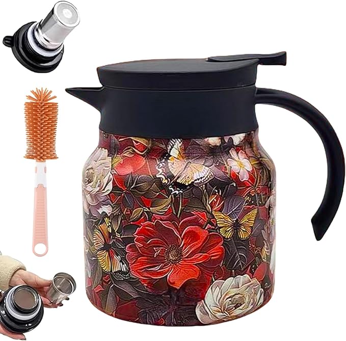 Vintage Floral Pattern Teapot – Built-In Infuser, 800ML/1000ML Heatproof Stainless Steel Teapot with Lid for Hot Drinks (Red, 1000ml-Plastic handle)
