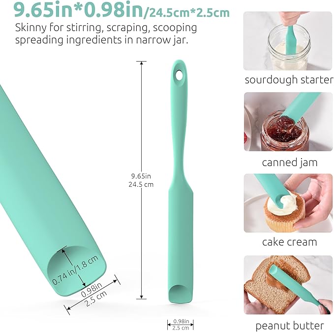 U-Taste Silicone Jar Spatula for Sourdough Starter: Long Skinny Food-Grade Jam Spreader, Sturdy Stirring Stick Bowl Scraper with Flexible Spoon Tip, Mixing Icing Tool, Peanut Butter Knife (Aqua Sky)
