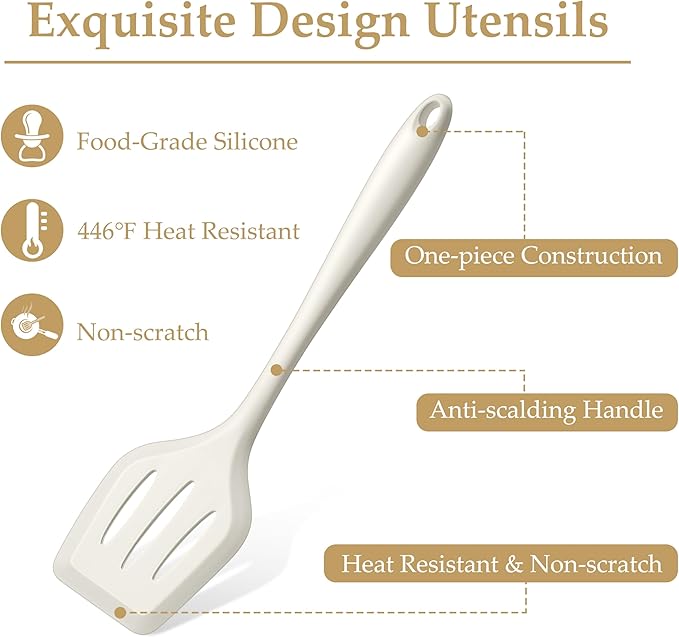 LIANYU 4Pcs Silicone Utensils, Kitchen Cooking Utensils Set, Kitchen Tools with Spoon, Turner, Pasta Server, Heat Resistant Cooking Gadgets for Non-stick Cookware, Dishwasher Safe, White