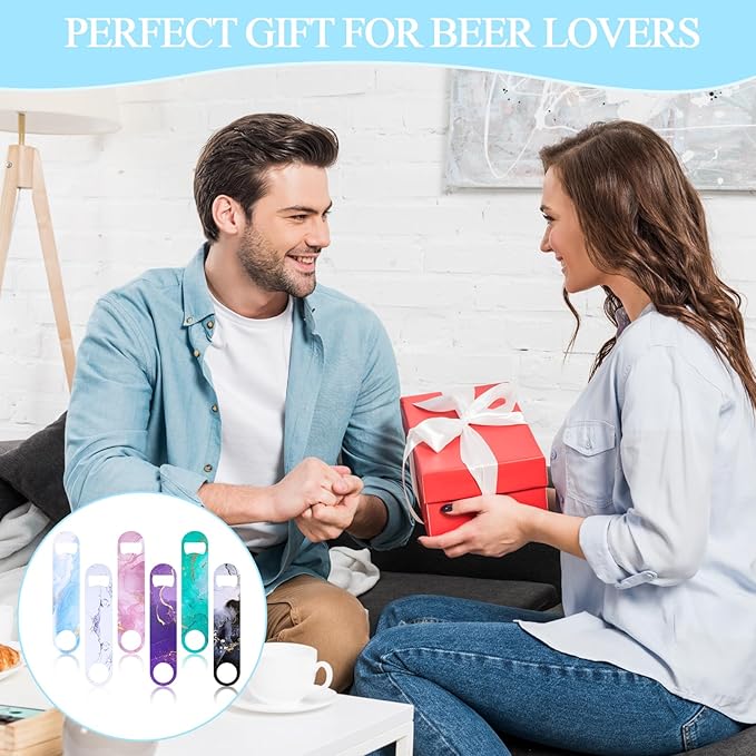 6PCS Flat Bottle Openers - Heavy-Duty Stainless Steel Beer Bottle Opener Set, Bar Key for Bartenders, Perfect for Kitchen, Restaurant, Bar - 6.9 Inches （Abstract Marble Print）