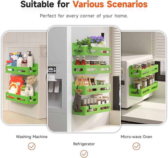 4 Pack Magnetic Spice Rack for Refrigerator, Spice Rack Organizer, Moveable Magnetic Shelf Fridge Organizer with 4 Hooks for Kitchen and Oven Organization, Green