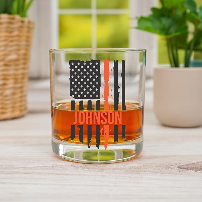 Blue Ridge Mountain Gifts - Thin Orange Line Whiskey Glass - Personalized Search and Rescue Glass, SAR Appreciation, Rescue Workers Gift, Custom Correction Officer Barware, EMS Support Glassware