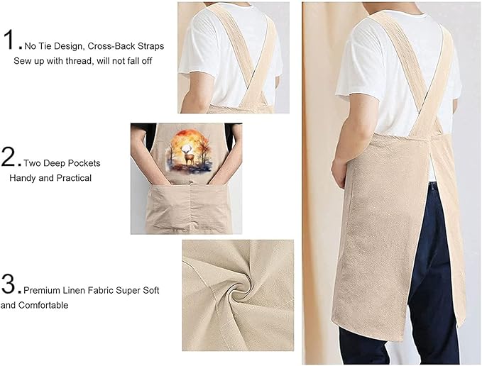 Cotton Linen Apron Non-tie Cross Back Kitchen Apron with Pockets Soft Comfortable Durable for Cooking Baking Gardening (Khaki,Deer)