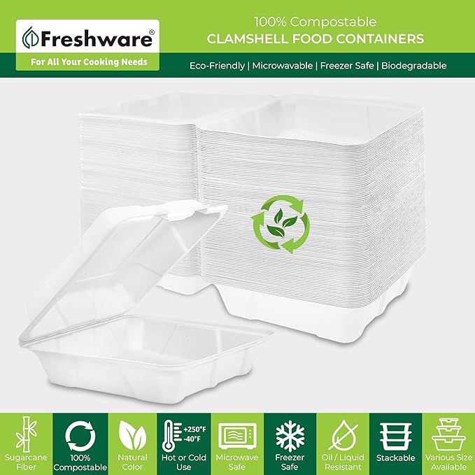 Freshware Clamshell Food Containers with Lids [8x8 100-Pack] Disposable To Go Containers, Biodegradable Sugarcane To Go Boxes - Paper Container - Microwave & Freezer Safe, Stackable
