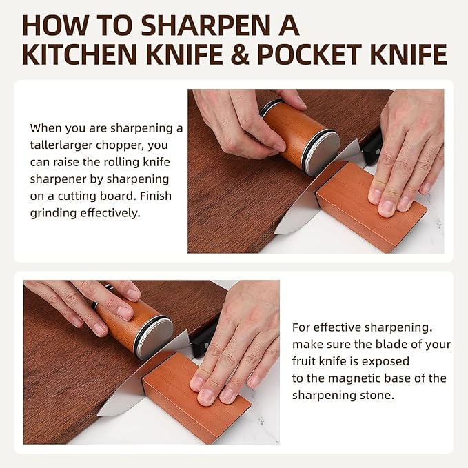 Rolling Knife Sharpener Kit - Compact Wooden Sharpener with 15° & 20° Magnetic Angle | Diamond Disc Knife Honing Tool | Professional Kitchen Use | Safe Sharpening for Home Cooking