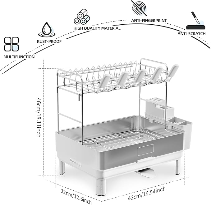Large Dish Drying Rack, 304 Stainless Steel Dish Racks for Kitchen Counter, Automatic Drainage Spout, Rustproof Kitchen Dish Drainers with Drainboard, Utensil Holder & Glass Holder, White