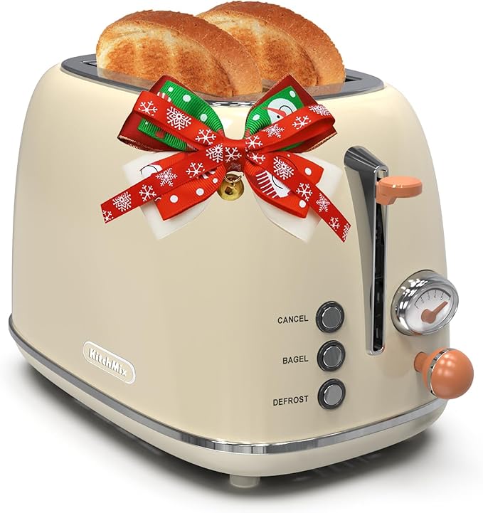 Toaster 2 slice, KitchMix Retro Stainless Steel Toaster with 6 Settings, 1.5 In Extra Wide Slots, Bagel/Defrost/Cancel Function, Removable Crumb Tray (Cream)