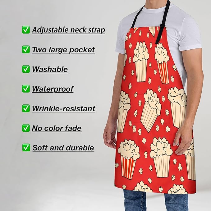 Movie Popcorn Apron for Women, 28x33in, Kitchen Chef Aprons with 2 Pockets, Polyester, Cinema Popcorn Apron for Cooking BBQ Baking Gardening Chef, Gifts for Mom Wife Dad
