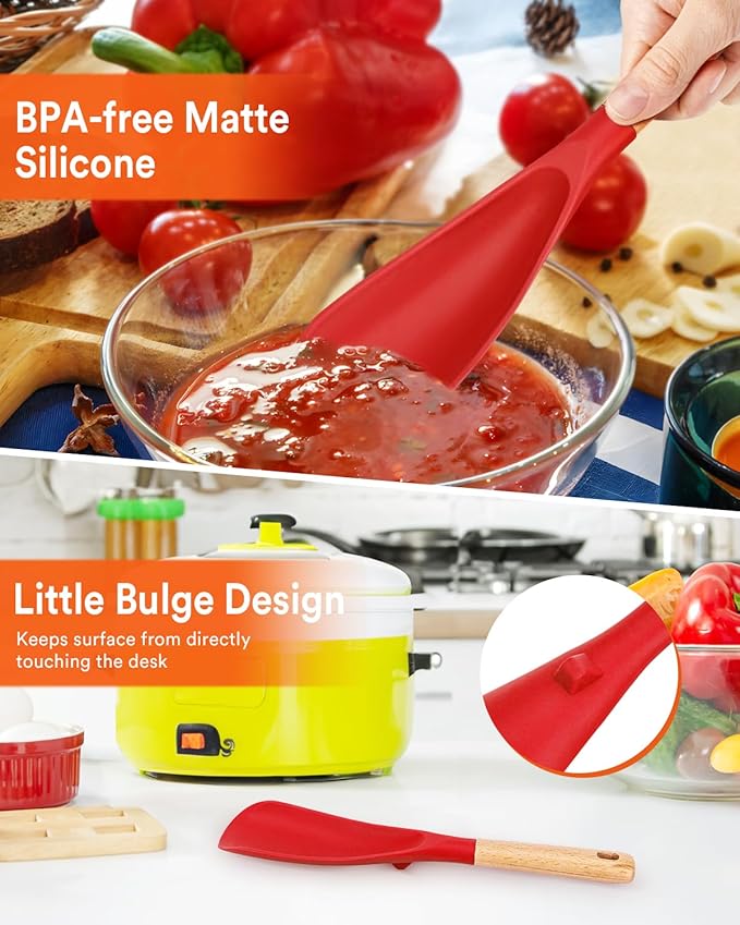 Cooking Spoon for Nonstick Cookwares, Great for Cooking and Serving Sturdy BPA-Free Matte Silicone, Wood Handle Spoon for Mixing, Scoop, and Scrape (RED)