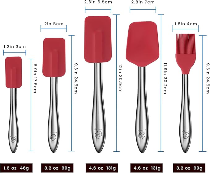 5pcs Silicone Spatula Cooking Utensils Set with Stainless Steel Handles, Premium Heat-Resistant Kitchen Utensils for Baking, Spoonula & Silicone Brush Included, Safe for Nonstick Cookware (Red)