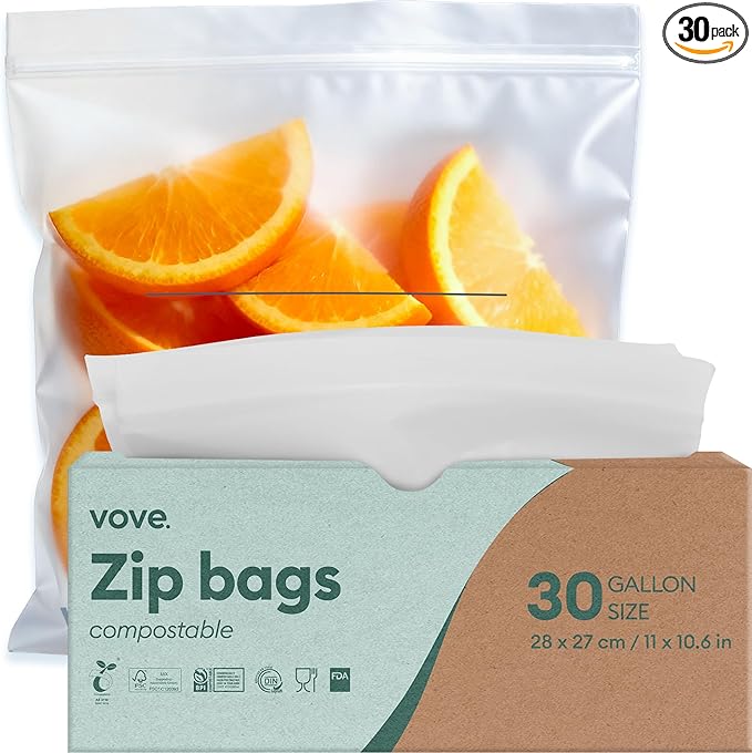 Vove Compostable Gallon Bags, Extra Large 30 Count – Freezer Safe, Leak Proof, Non Toxic Food Storage for Meal Prep & Snacks, Plant-Based Eco Bags