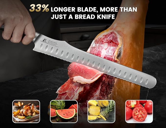 9 Inch Re-Sharpenable Bread Knife for Homemade Bread, Multifunction Serrated Knife, Razor Sharp Slicer, Forged High Carbon German Steel, Full Tang Ergonomic Handle Design for Sourdough Turkey Fruit