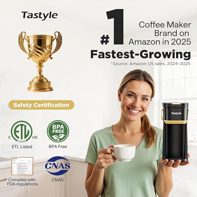 Single Serve One Cup Coffee Maker, for K Cups and Grounds, Mini Coffee Maker with Portable Handle, 6 to 12 Oz Brew Size, for Travel, Camping, Office, RV and Dorm, 120V, Black and Gold