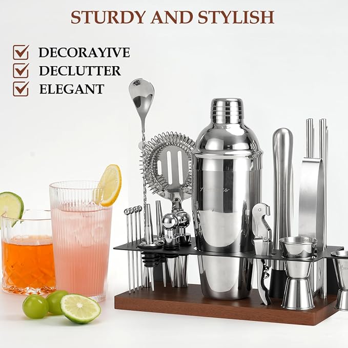 23-Piece Bartender Kit, Cocktail Shaker Set with Stand | Bar Drink Mixer Set with All Essential Bar Tools: Martini Shaker, Jigger, Strainer, Muddler, Pourers, for Home, Bar, Party (Brown)