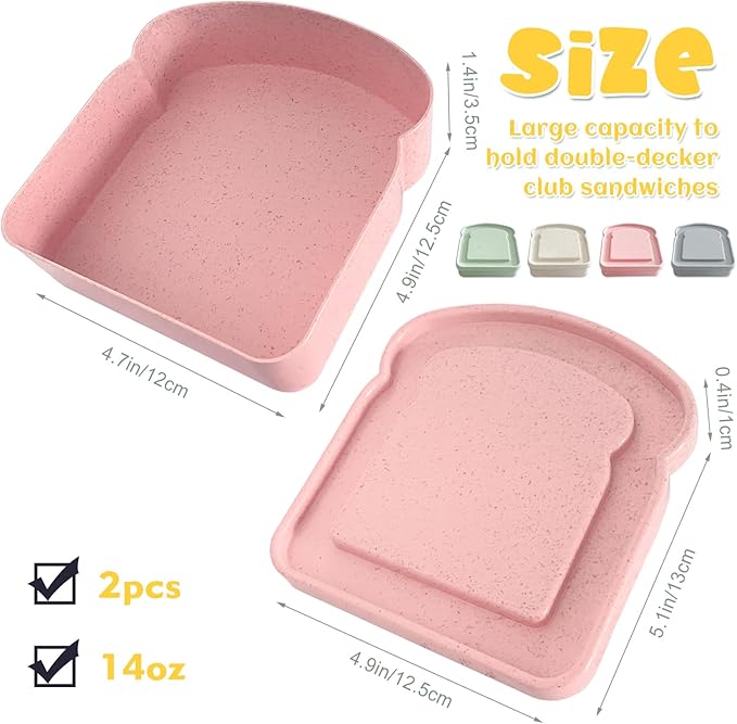 Sandwich Containers, Sandwich Containers for Lunch Box, Reusable Toast-Shaped Lunchbox, BPA-Free Plastic Food Storage with Lid, Microwave & Dishwasher Safe, for Adults & Families