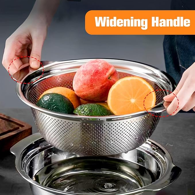 Stainless Steel Microporous Colander for Kitchen, 2.5QT Large Capacity, Colander and Bowl Set of Two, Stainless Steel Drain Basket with Mixing Bowl, for Washing Fruits and Vegetables