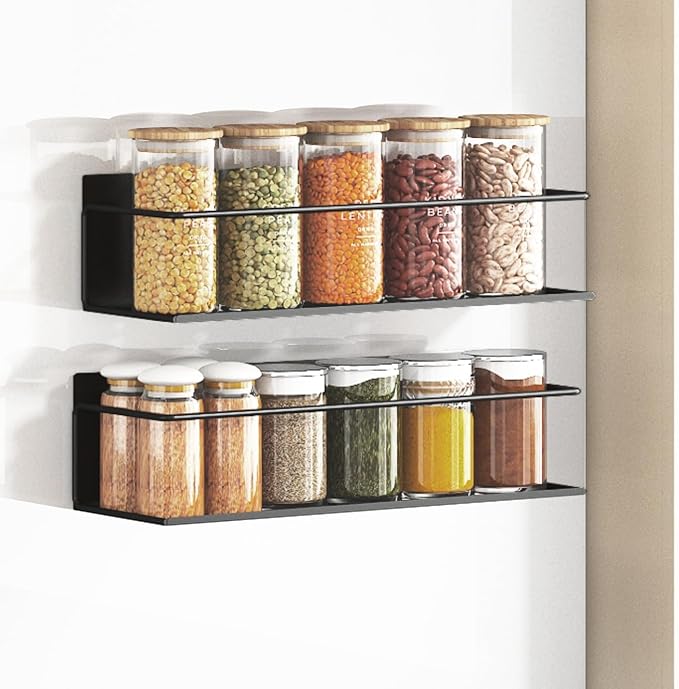 Magnetic Spice Rack For Refrigerator Magnetic Fridge Shelf For Kitchen Spice Organizer Magnetic Shelf For Fridge Space Saving Black 2 Pack With Magnetic Paper Towel Holder