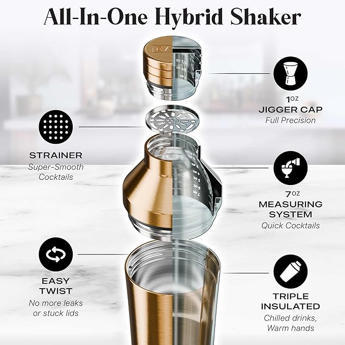 Insulated Cocktail Shaker Set | Double Wall Stainless Steel | Martini Shaker for Home Bar Bartending | Built-in Drink Measurement System & Strainer, Travel Bag, 35 Recipes | Gift Set (Copper)