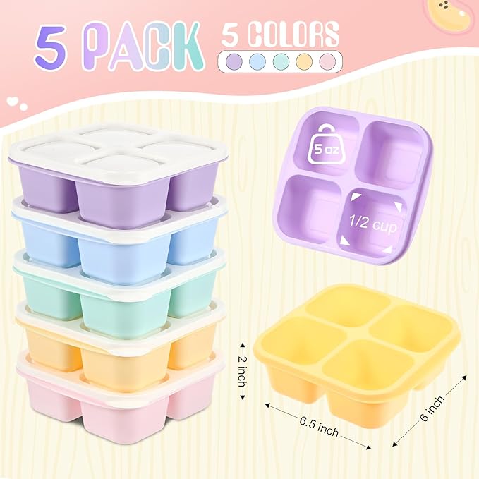 Honeydak 5 Pack Snack Containers 4 Compartment Bento Snack Boxes Reusable Lunchable Containers with Lids Divided Meal Prep Lunch Food Storage Box for School Work Travel(Fresh Macaroon,Equal)