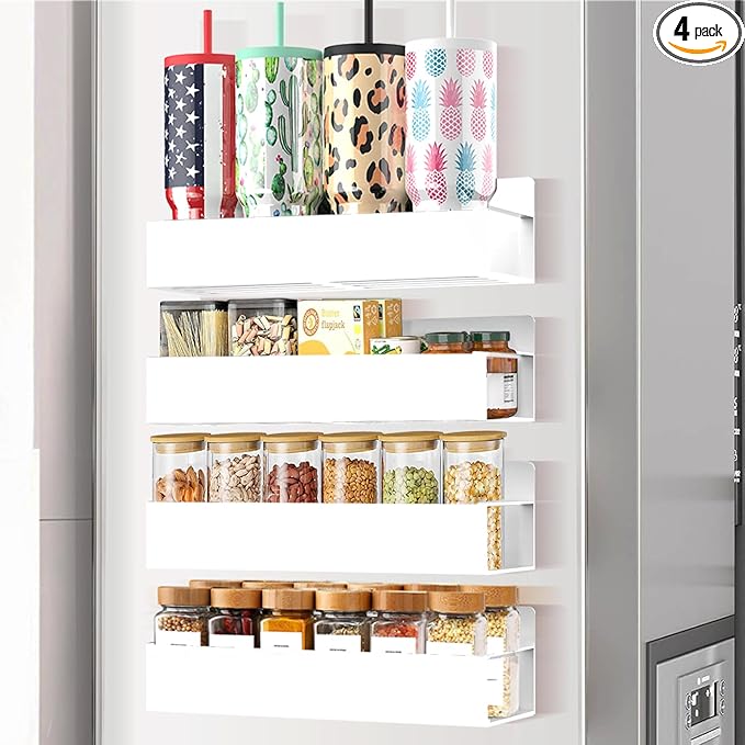 Magnetic Spice Rack for Refrigerator Seasoning Organizer for Spice Fridge Shelf storage Magnetic Shelf with Hook for Oven (4pack-White)