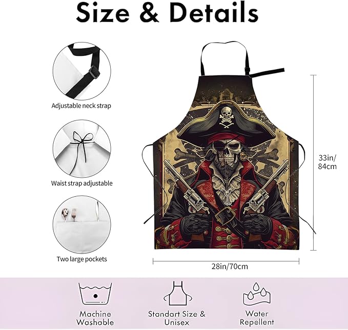 Pirate Skull Apron,Adjustable Waterproof Oxford Fabric Kitchen Apron with 2 Pockets for Men and Women, Cooking, Baking, BBQ, Coffee Shop, Housewarming Gifts, 28x33 Inches