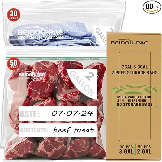 80 Count Combo Large Storage Zip Bags, 2 Gallon & 3 Gallon Resealable Variety Pack With Organizer, Reclosable Clear Assorted Size Plastic Bags