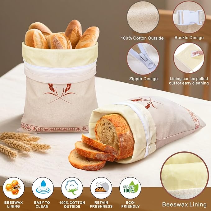 Mosucoirl Beeswax Bread Bags 2 Pack, Reusable Bread Storage Boxes for Homemade Sourdough, Cotton Food Bags Loaf Containers to Keep Fresh Large