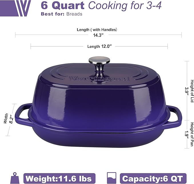 Enameled Cast Iron Dutch Oven Pot with Dome Lid, Oval Bread Oven for Homemade Sourdough Bread Baking, Oven Safe up to 500°F, 6 Quart, Purple